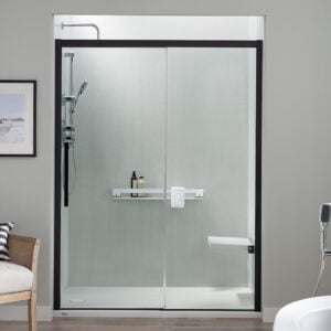 Linen shower with seat and shelf